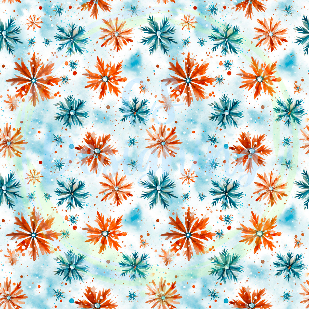 Navy and orange snowflakes seamless pattern