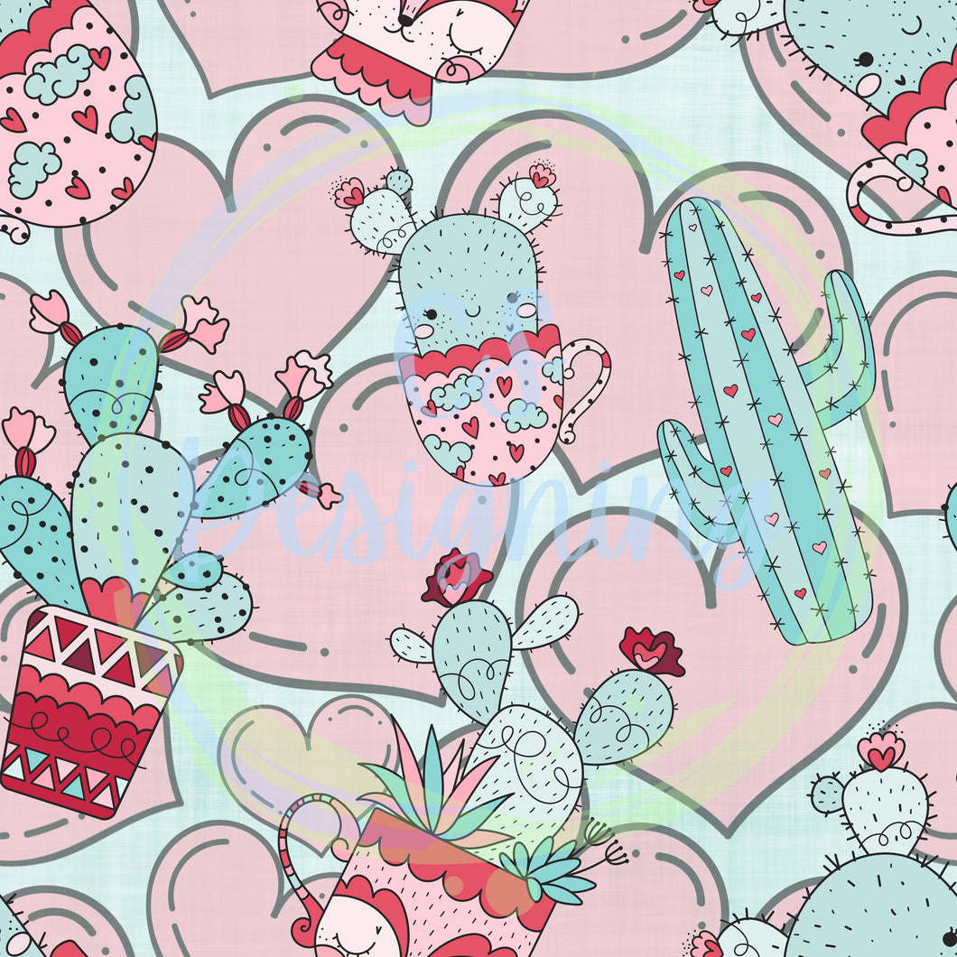 Valentines cactus seamless pattern