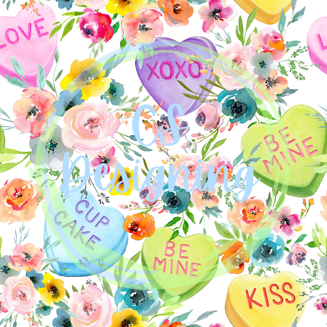 Candy heart floral seamless pattern